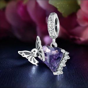 Dark Purple Stone Butterfly Skull CZ Sterliing Silver Pendant Charm